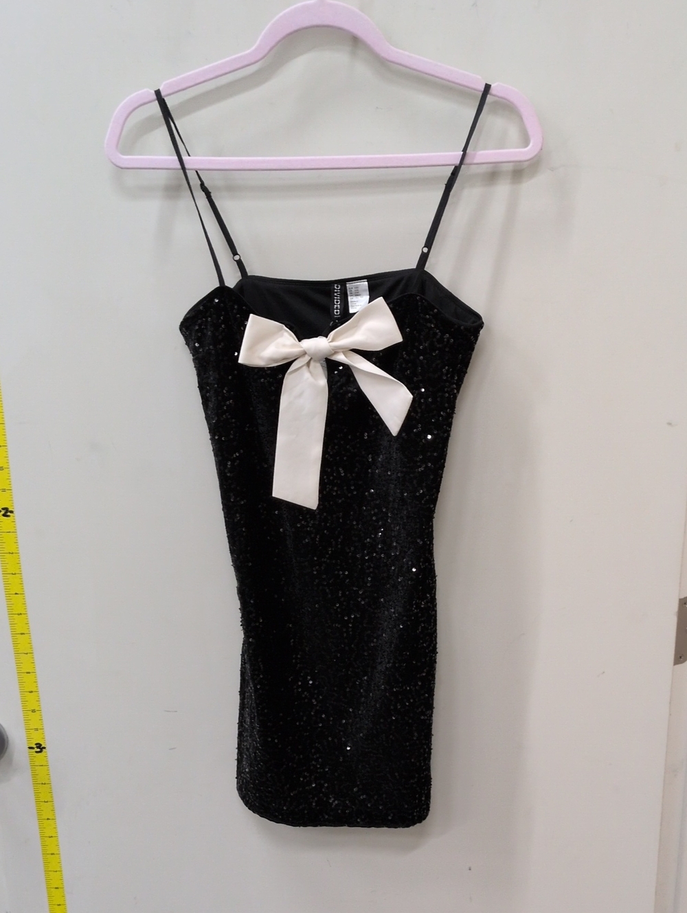 Divided Black Sequin Dress with Cream Bow
